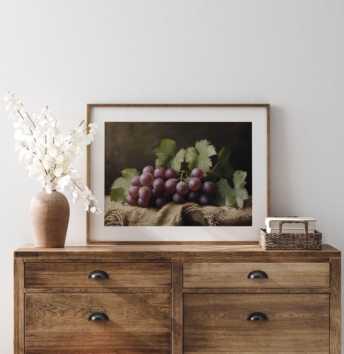 Purple Grapes Still Life On Burlap Rustic Cottagecore Kitchen Art Earthy Farmhouse Decor Fall Fruit Painting 1663 - Image 3