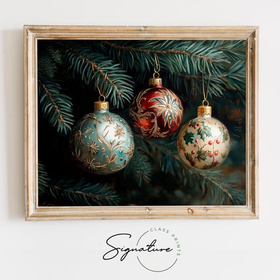 Close Up Of Ornaments On Evergreen Art Rustic Christmas Wall Art Farmhouse Holiday Decor Warm Colors Moody Seasonal Accent 2786
