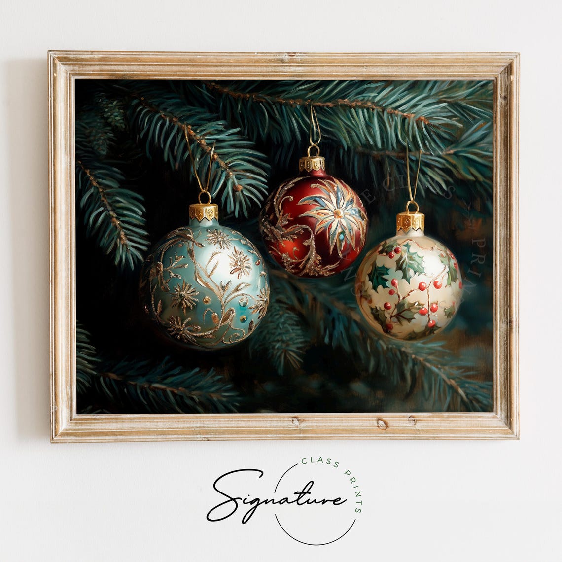 Three Ornate Christmas Ornaments Hanging On Pine Branch Poster