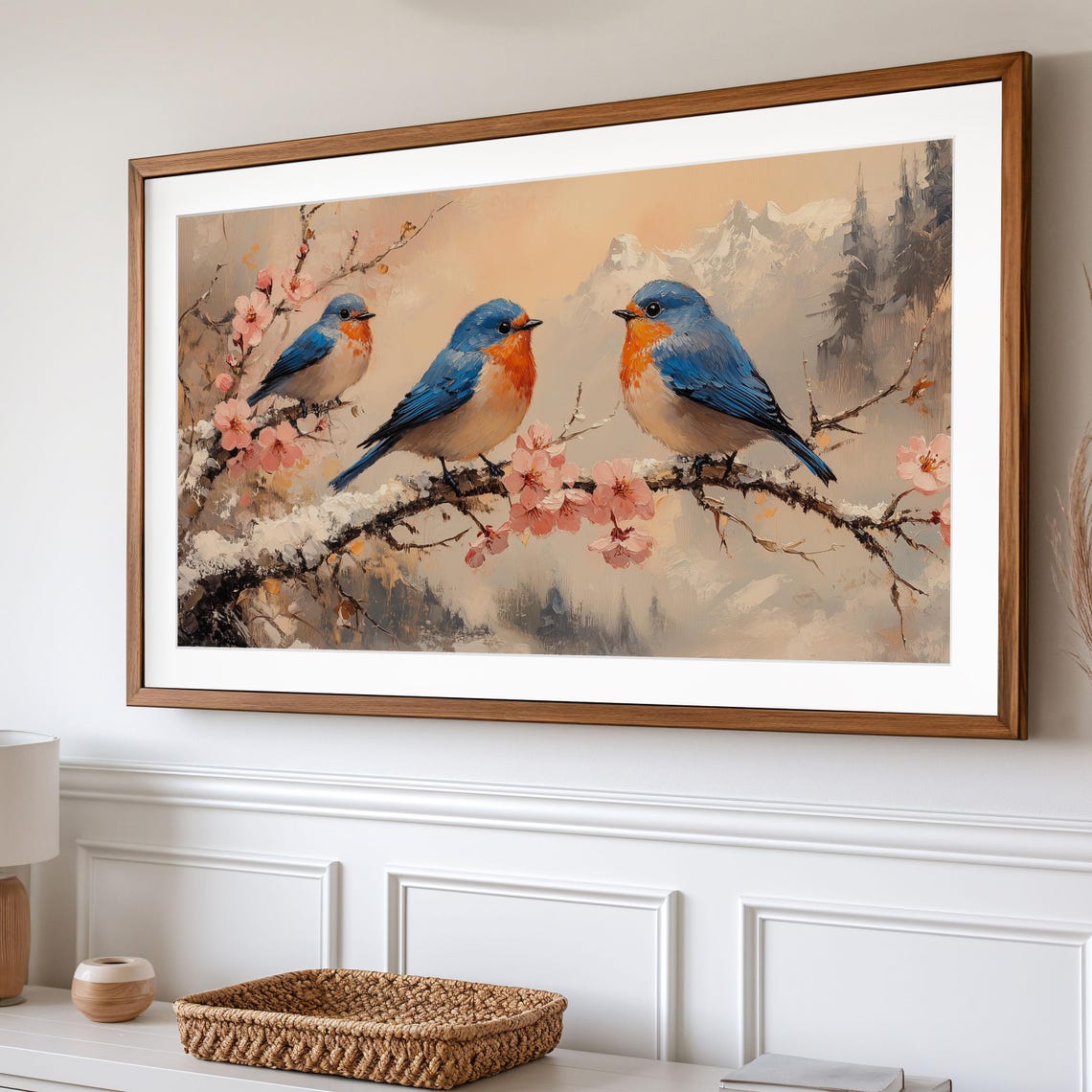 Three Bluebirds On Snowy Cherry Branch Misty Mountain Poster - Image 2