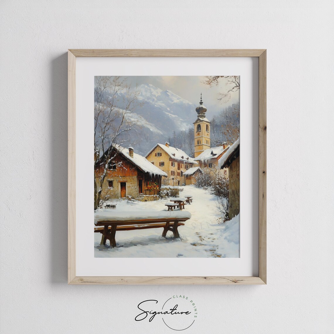Snowy Alpine Village With Church Bell Tower And Benches Winter Poster - Image 2