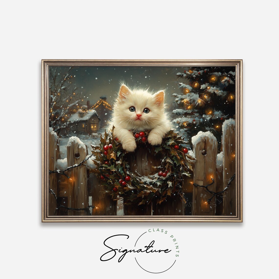 Fluffy White Kitten On A Holly Wreath At Night Winter Christmas Poster - Image 4