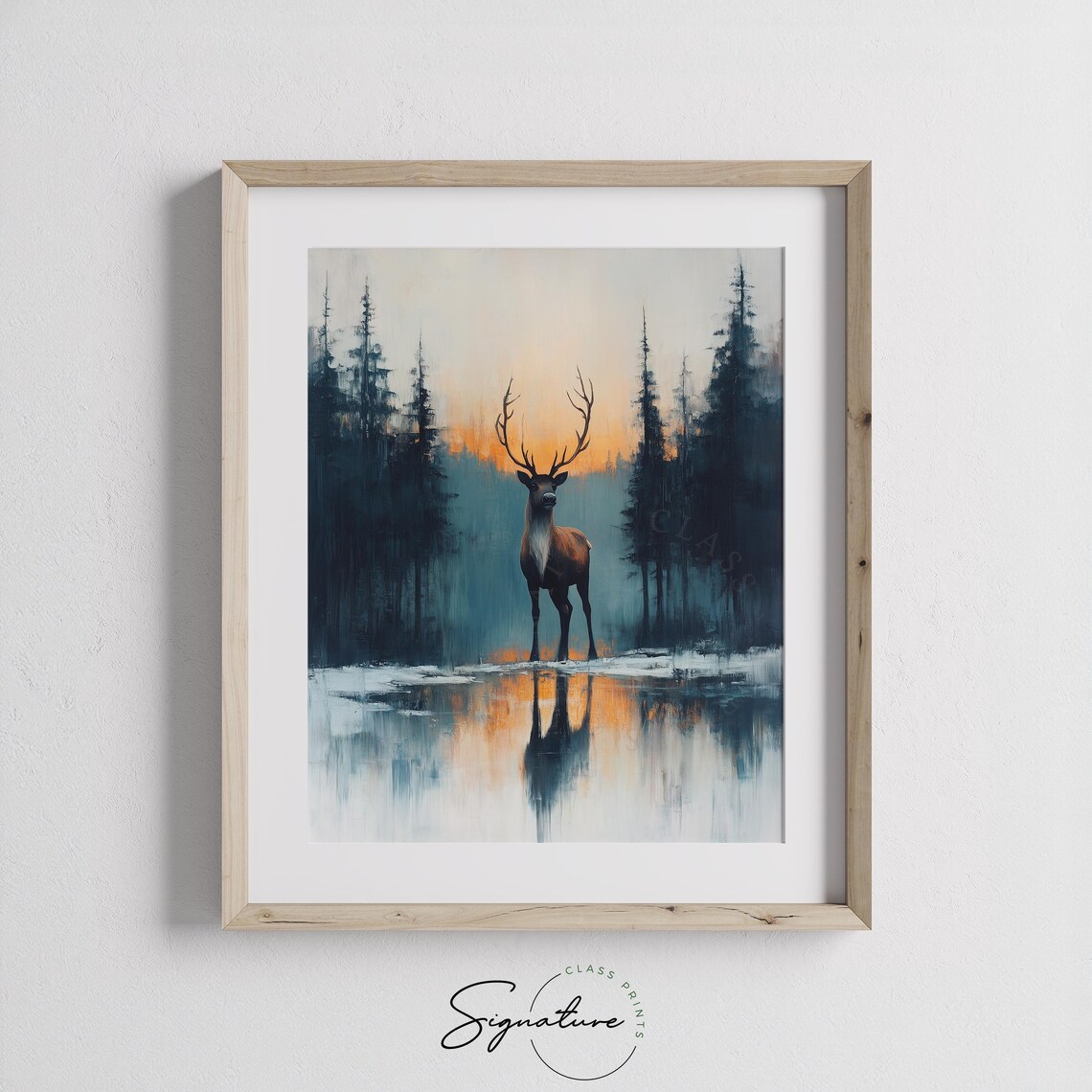 Reindeer Standing in Water at Sunset Wildlife Oil Painting Print - Image 2