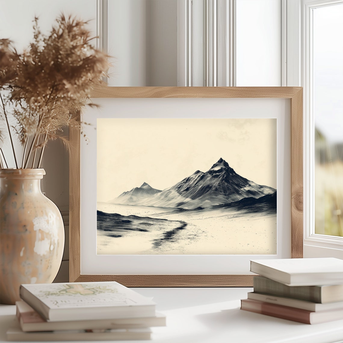 Minimalist Black and Cream Mountain Peaks Serene Landscape Poster - Image 2