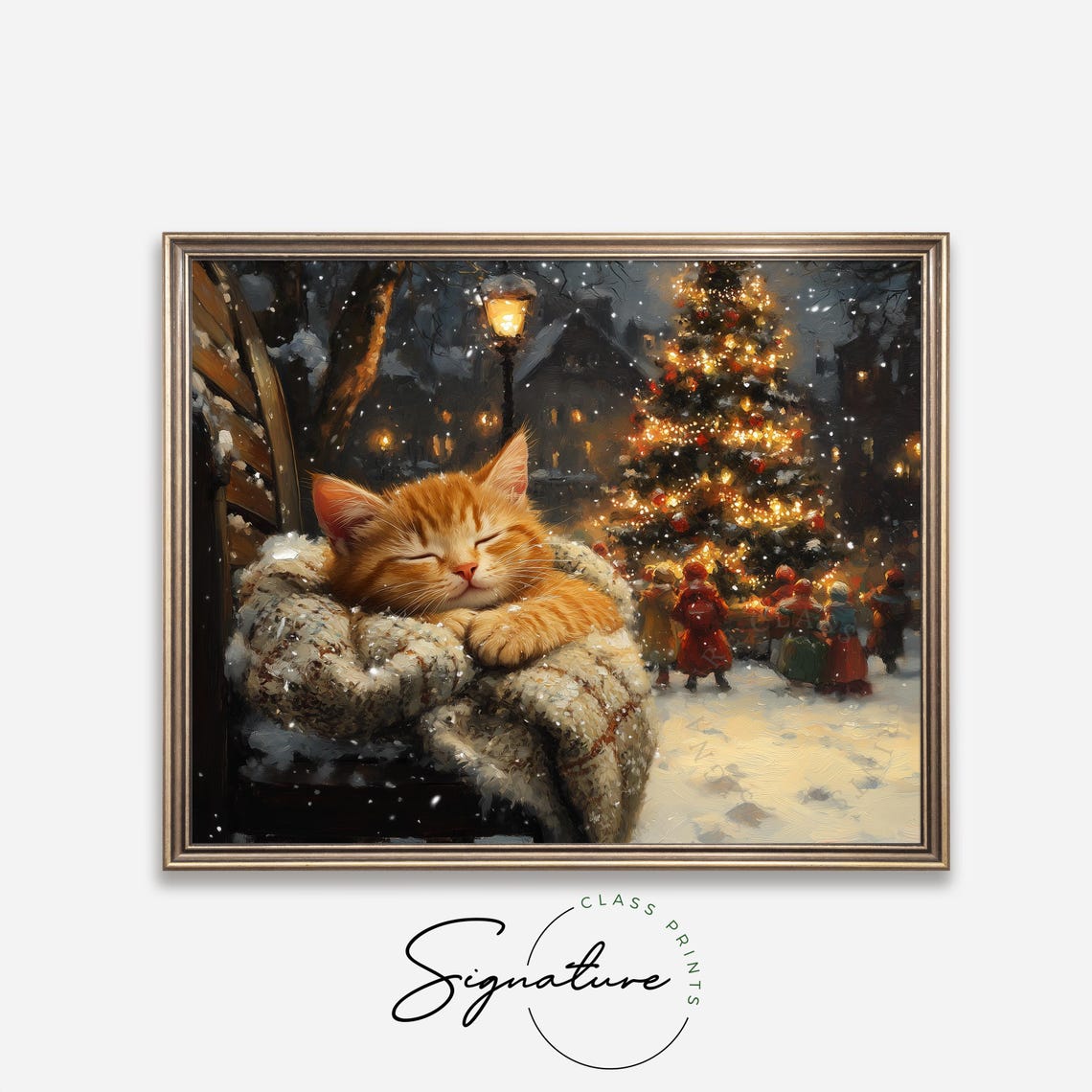 Sleeping Ginger Kitten on Snowy Blanket by Lit Christmas Tree Poster - Image 4