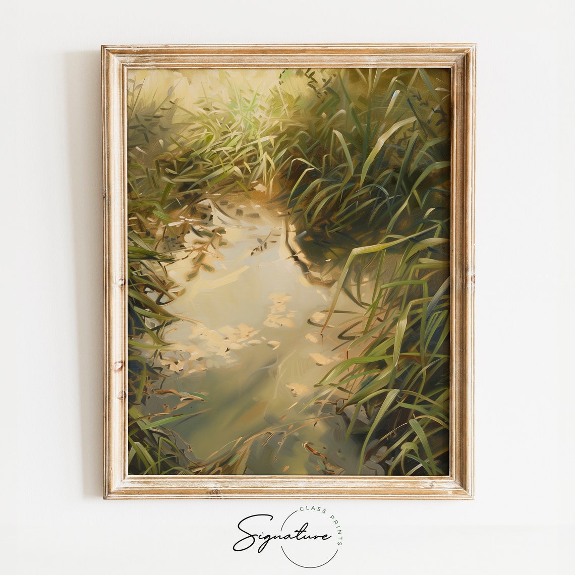 Sunlit Meadow Stream Water Reflections Serene Nature Wall Art