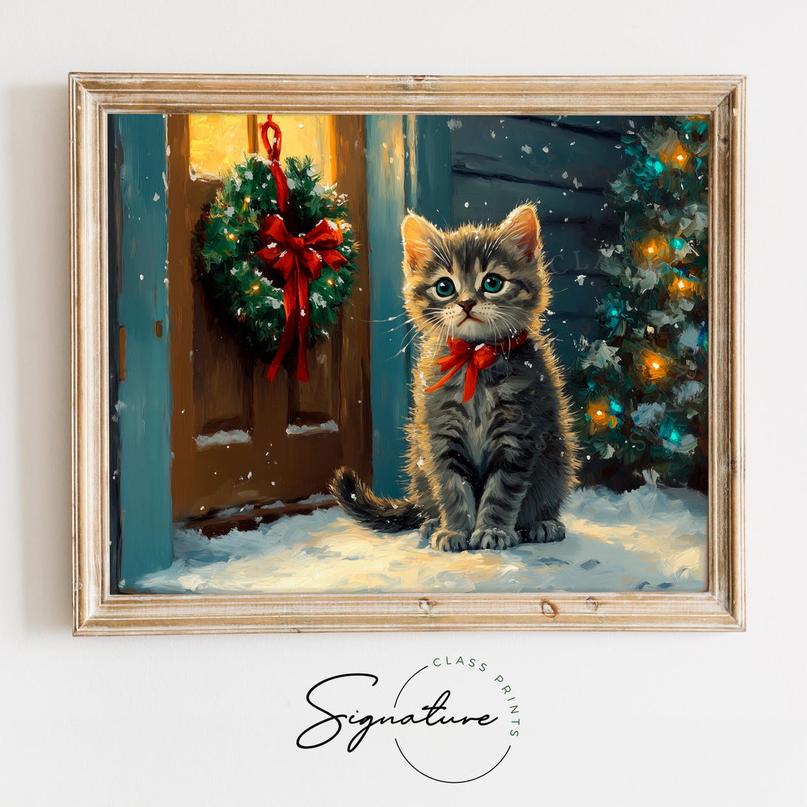 Tabby Kitten With a Red Bow on a Snowy Christmas Doorstep Poster