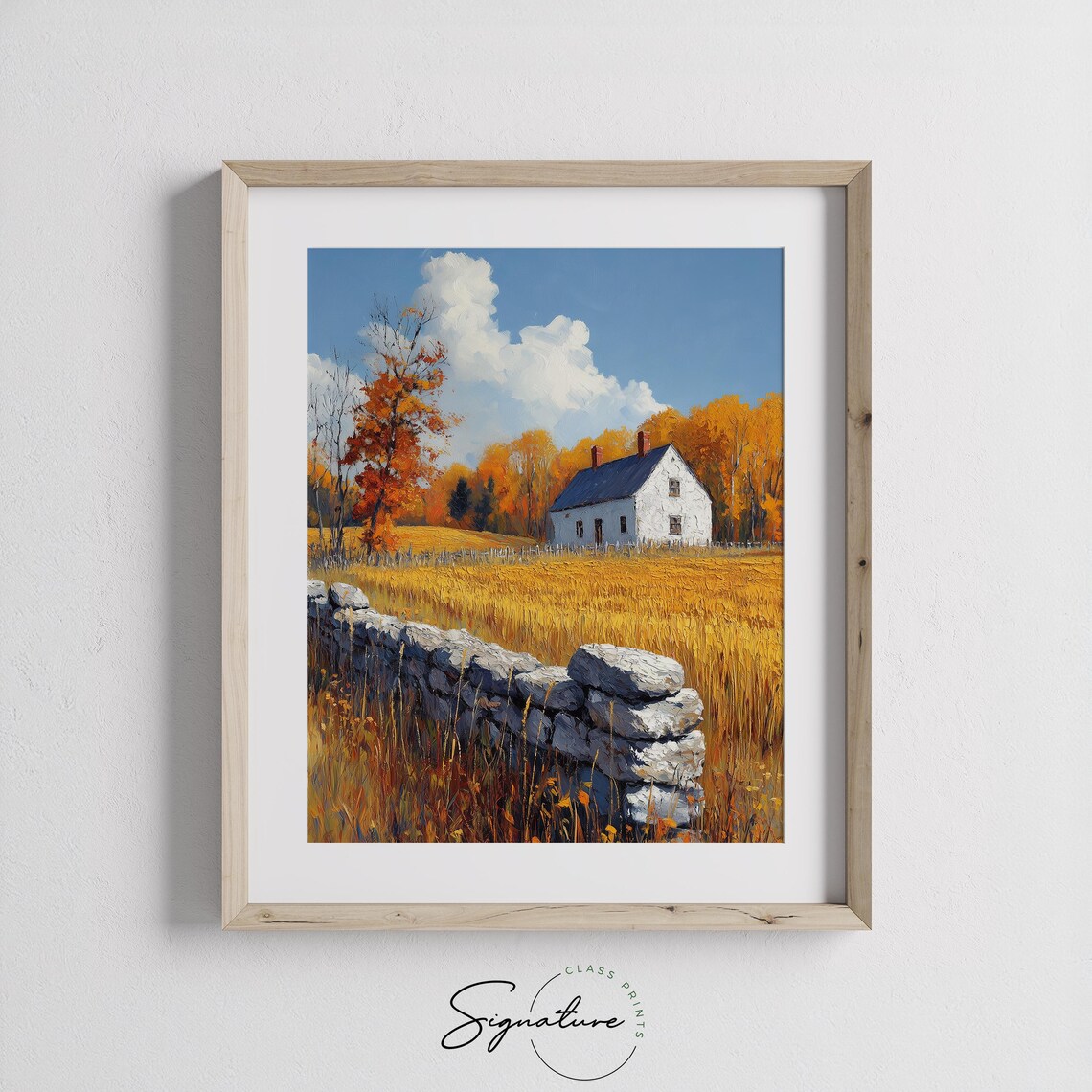 White Farmhouse and Stone Wall Over Golden Wheat Field Poster - Image 3