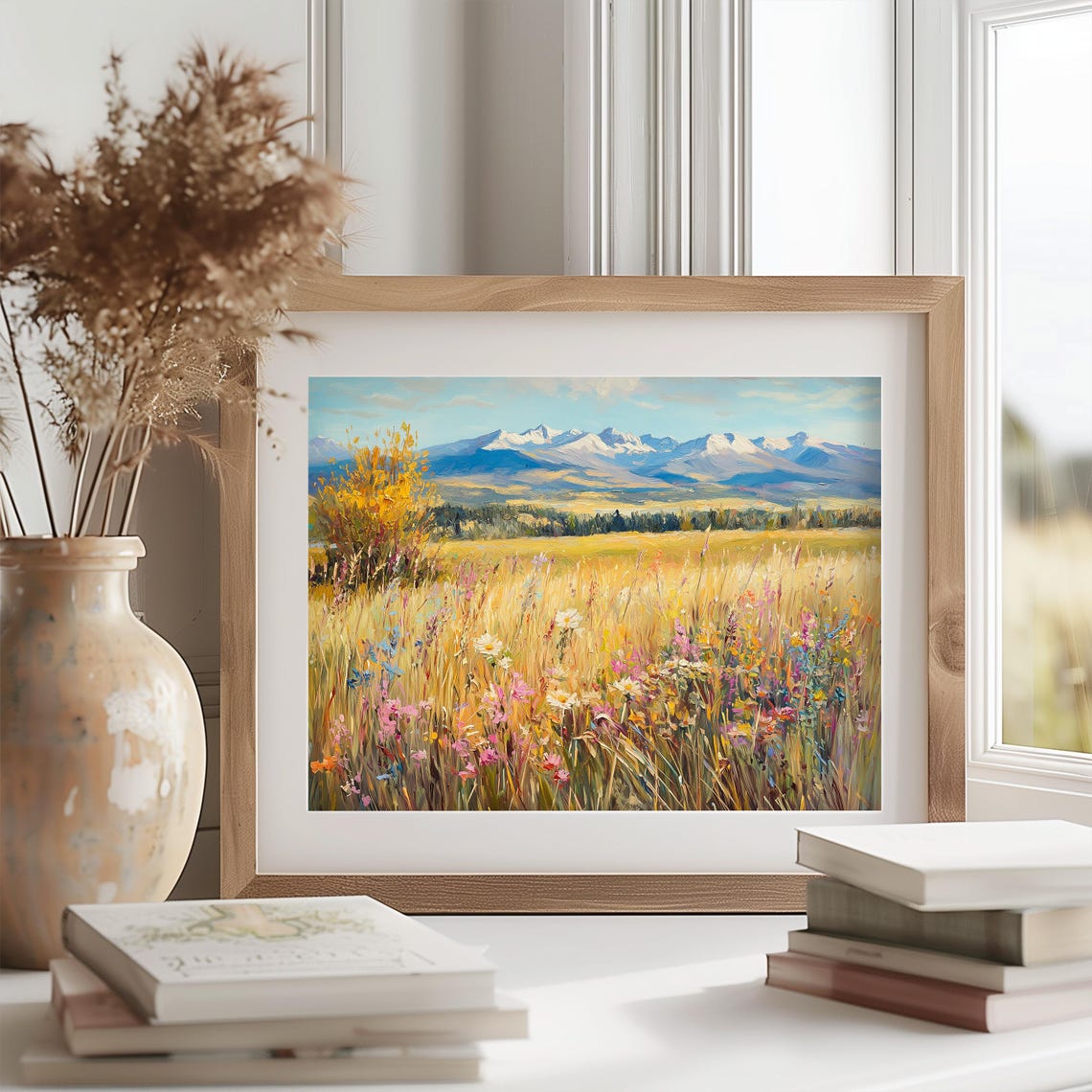 Wildflower Meadow With Golden Grass And Distant Mountains Poster - Image 2