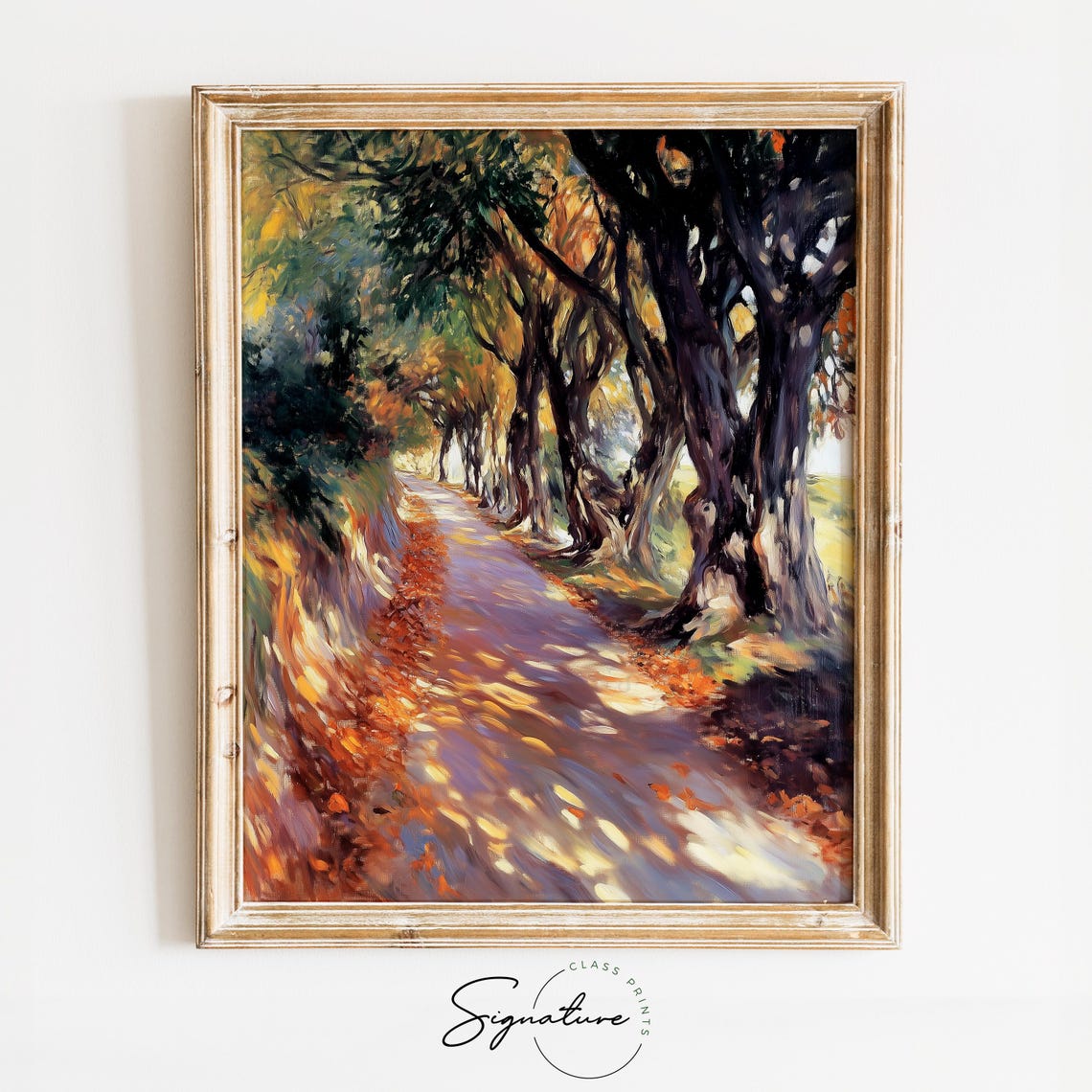Dappled Sunlight on a Golden Leaf Pathway Through Autumn Forest Poster