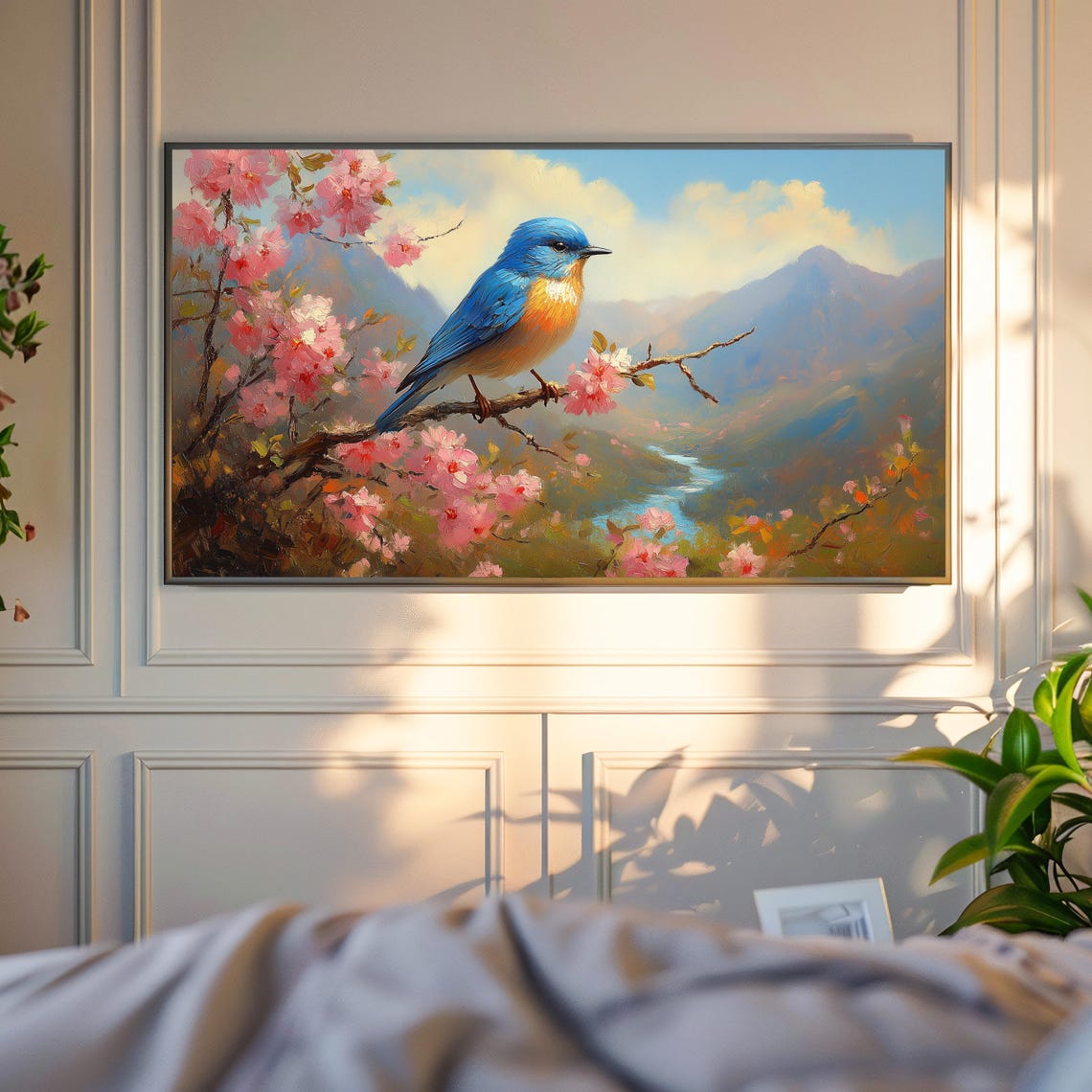 Bluebird On Cherry Blossom Branch Overlooking River Valley Poster - Image 4