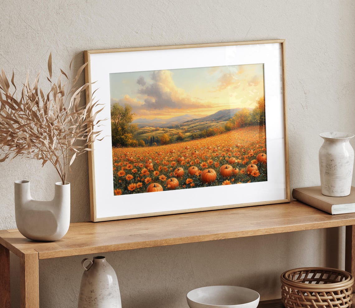 Pumpkin Patch Glowing at Sunset Over Rolling Autumn Hills Poster - Image 4