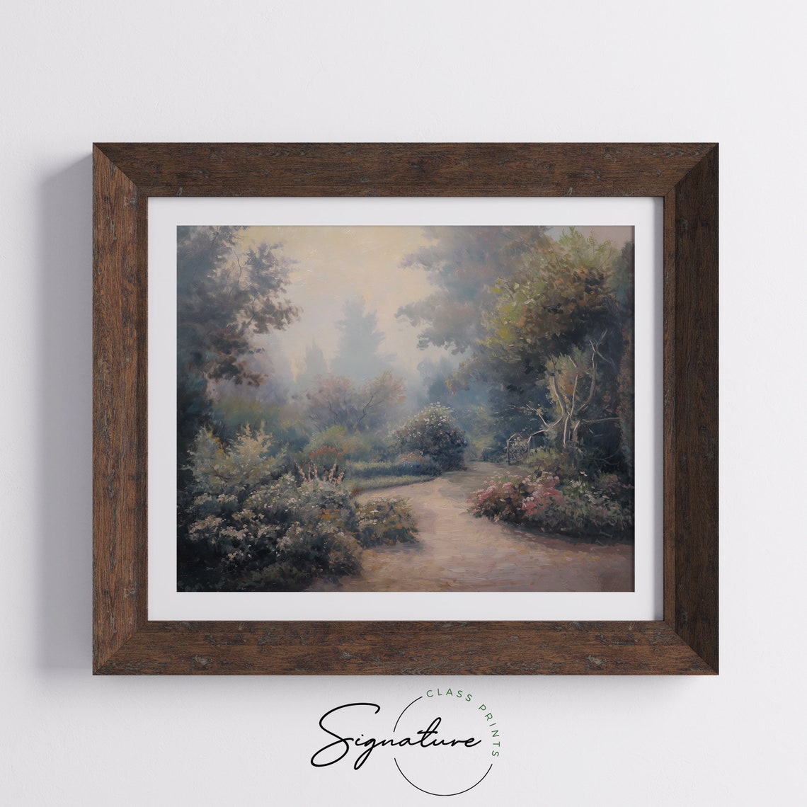 Misty Garden Path with Flowering Bushes Dreamy Impressionist Poster - Image 5