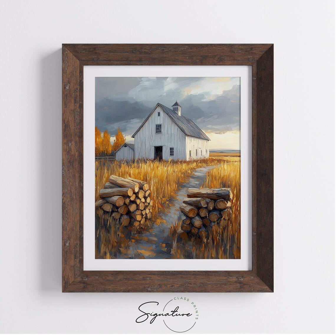 White Barn With Stacked Firewood in Golden Wheat Under Stormy Sky Wall Art - Image 4
