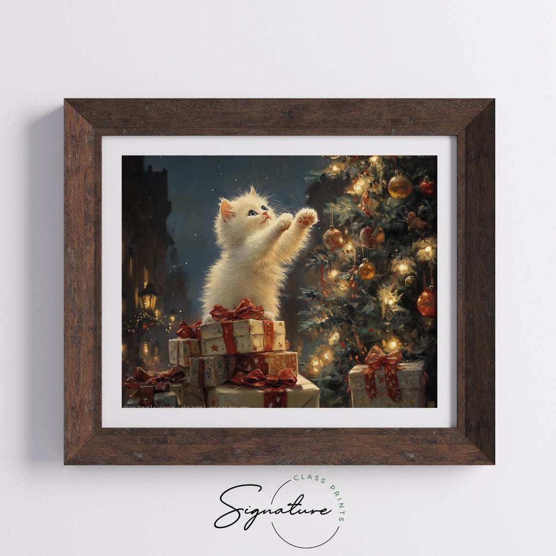 White Kitten Climbing Christmas Gifts Reaching for Baubles Poster - Image 5