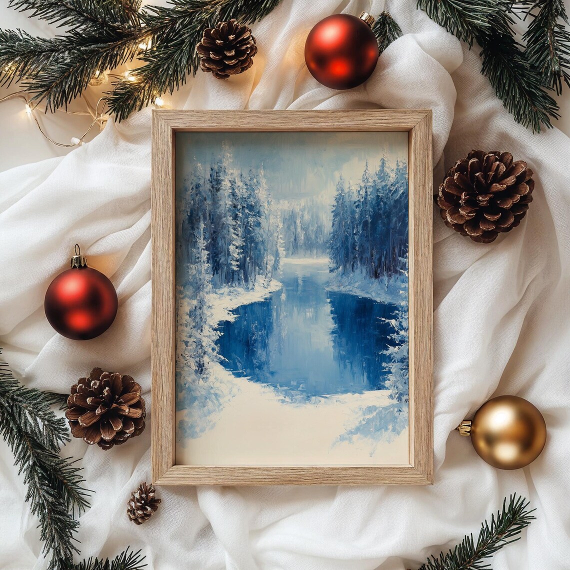 Vivid Frosted Spruce Forest Near Frozen Lake Christmas Art Poster - Image 4