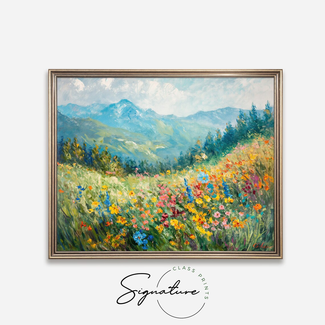 Wildflower Meadow with Blue Mountains Impressionist Oil Painting Poster - Image 4