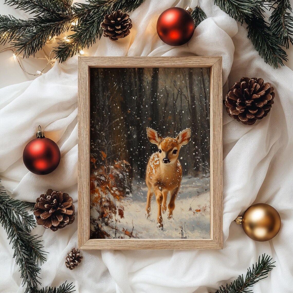 Fawn Walking in Falling Snow Winter Forest Oil Painting Print - Image 4
