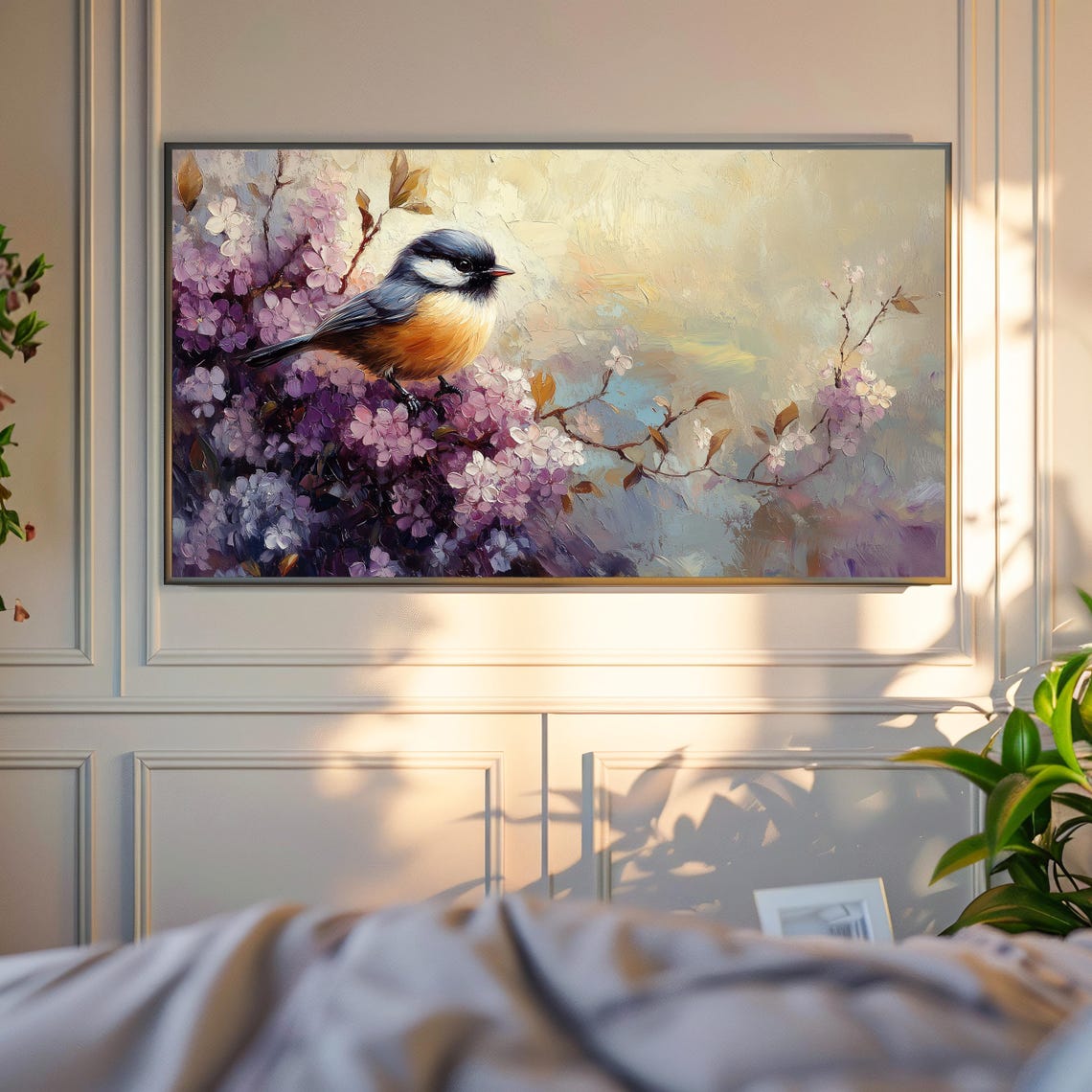 Chickadee On Lilac Blossoms Spring Oil Painting Bird Wall Art - Image 4