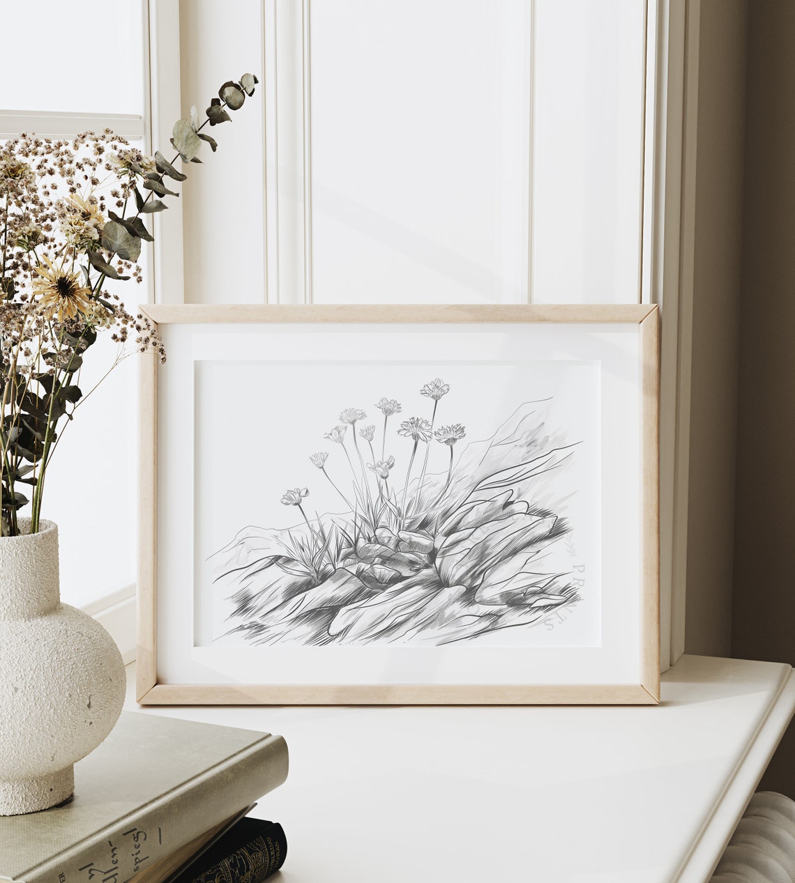 Wildflowers Among Rocks Pencil Sketch Minimalist Botanical Poster - Image 6