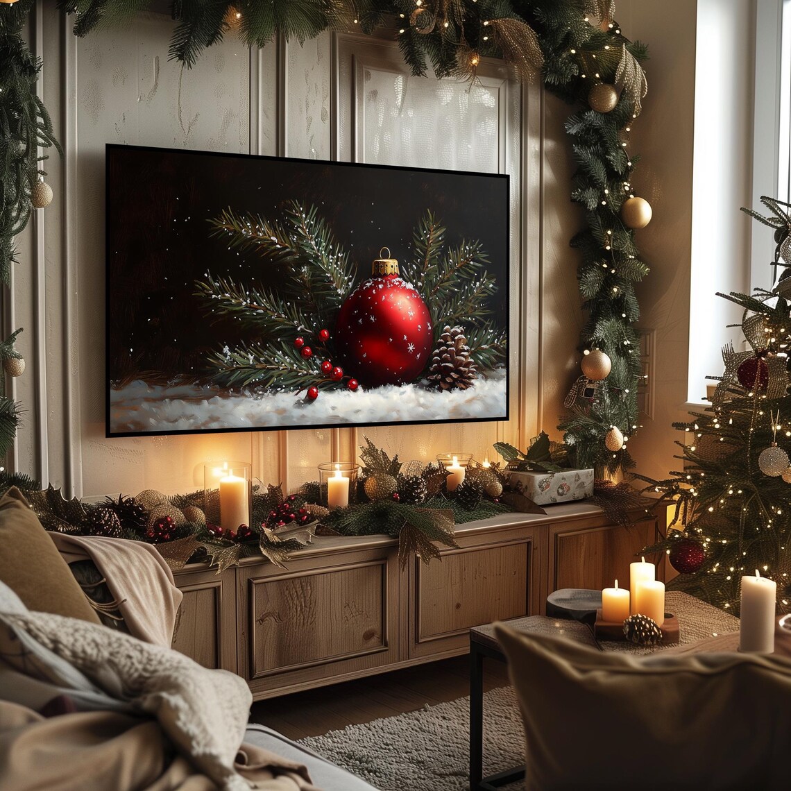 Red Christmas Ornament With Snow Among Pine Branches Holiday Poster - Image 3