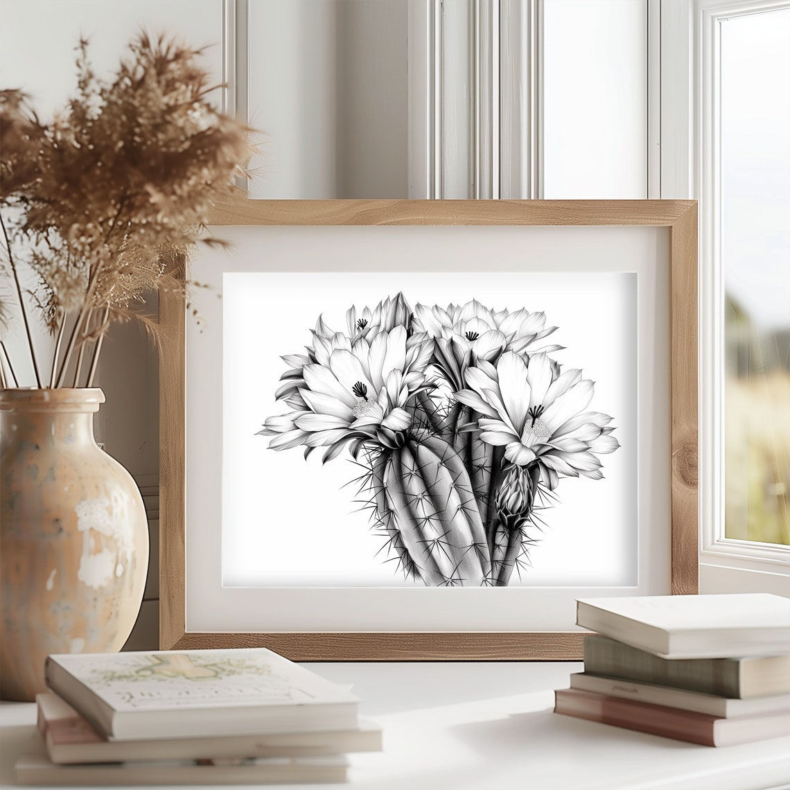 Blooming Cactus Flowers Black And White Botanical Sketch Art Poster - Image 2