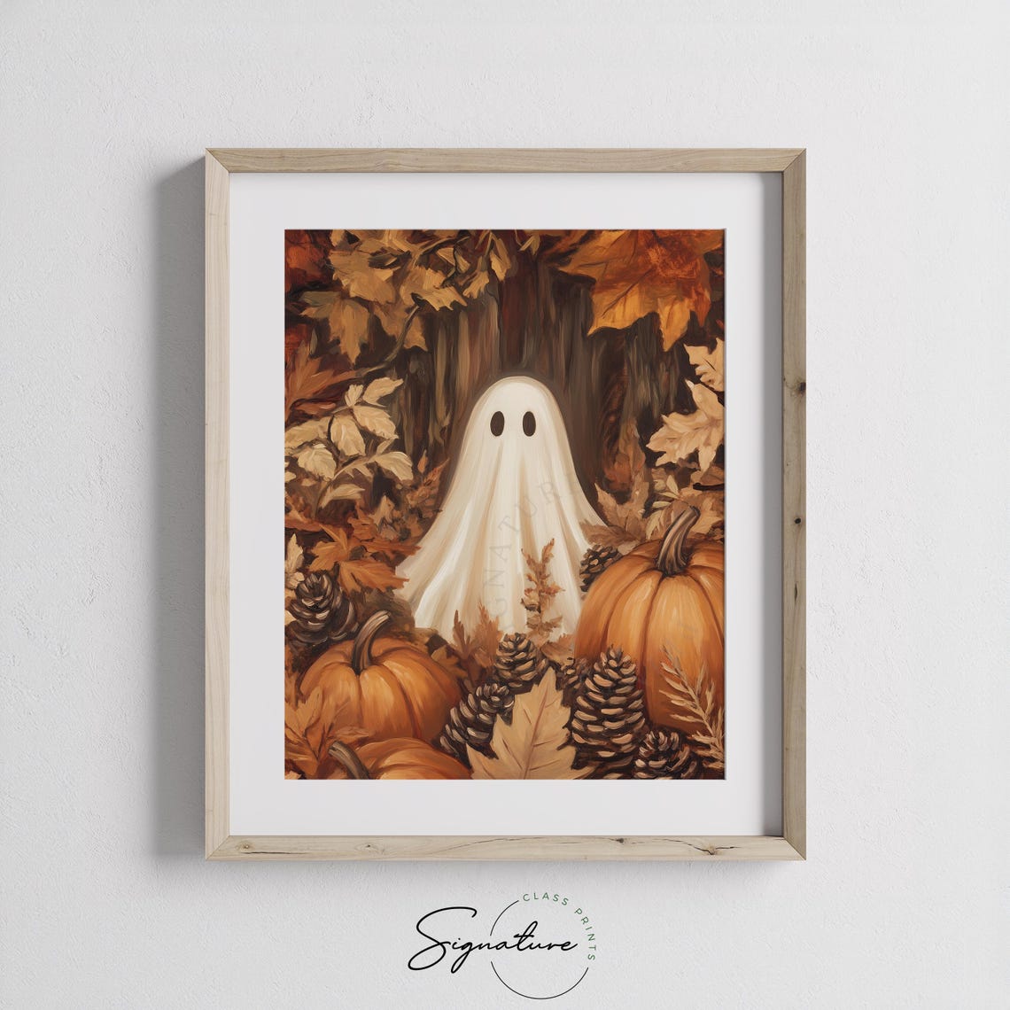 Cute White Ghost Among Pumpkins and Pinecones in Fall Woods Poster - Image 3