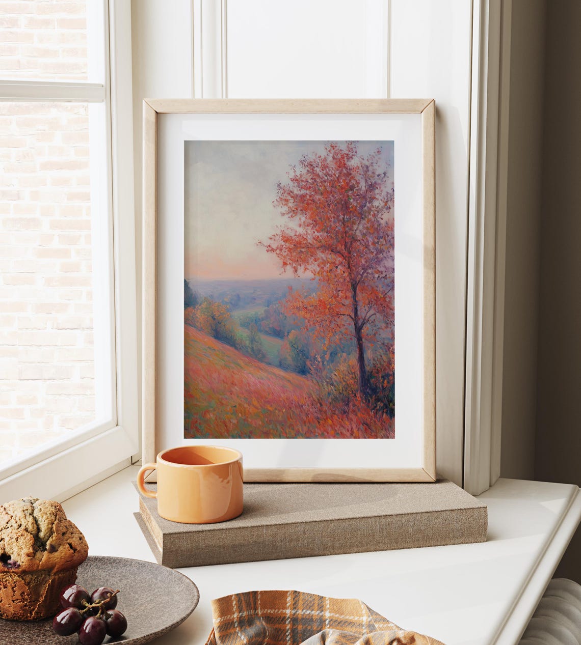 Lone Scarlet Tree Overlooking a Misty Pastel Autumn Valley Poster - Image 6