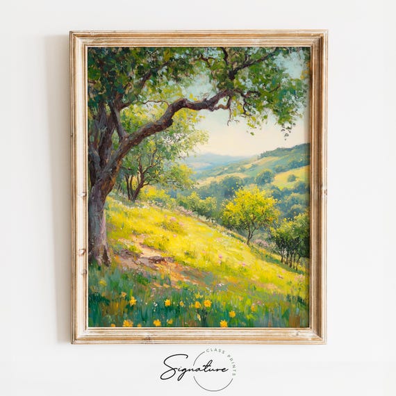 Peaceful Path Through Lush Green Hillside Serene Pastoral Landscape Painting Cottagecore Wall Art Nature Scene 3007
