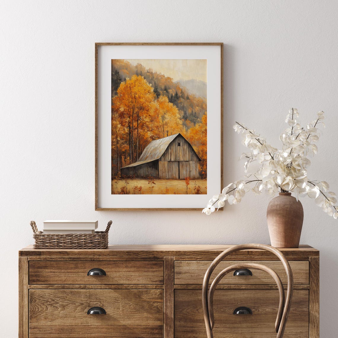 Weathered Wooden Barn Beneath Golden Autumn Trees and Hills Poster - Image 5