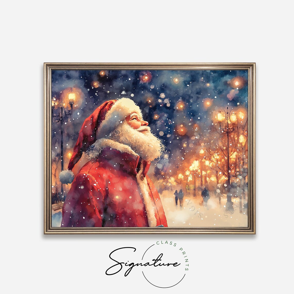 Santa Claus Watercolor Portrait Snowy Evening Street Lights Poster - Image 4