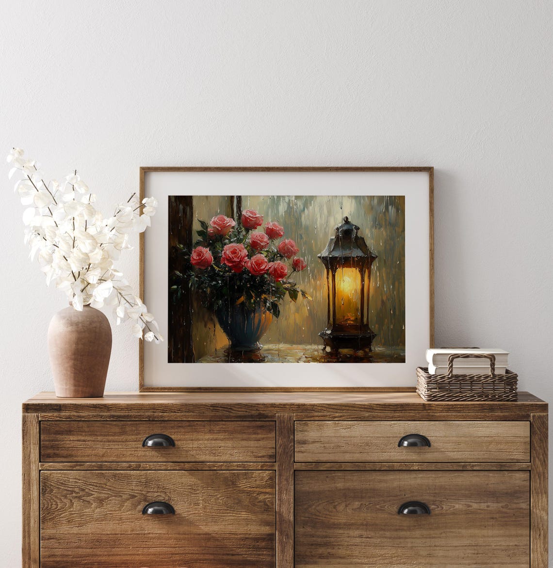 Roses by Rainy Window Glowing Lantern Moody Romantic Floral Art Poster - Image 4