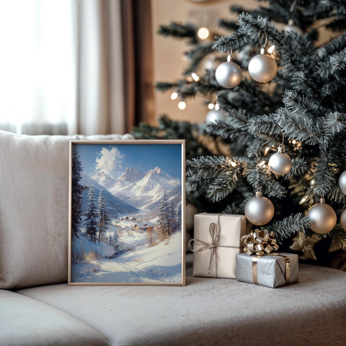 Snowy Mountain Village Cabins Alpine Winter Landscape Poster - Image 5