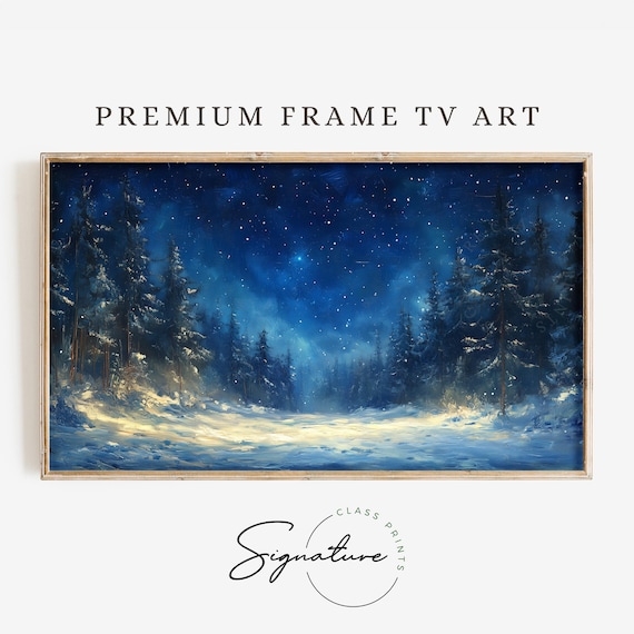 Starry Night Snowy Forest Art Print, Rustic Moody
