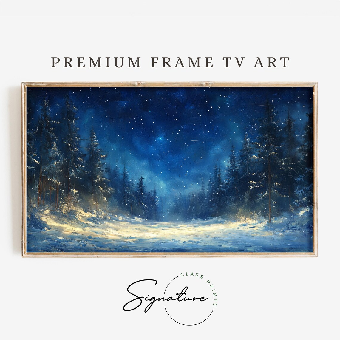 Starry Night Snowy Forest Art Print, Rustic Moody