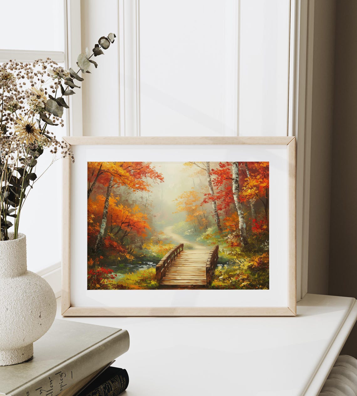 Misty Forest Path With Wooden Bridge Over Stream Autumn Poster - Image 6