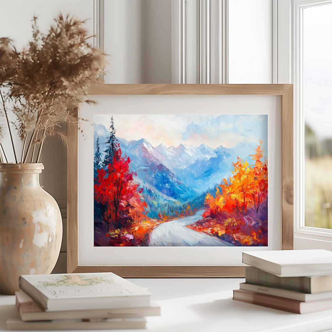 Mountain Road Autumn Painting Vibrant Fall Foliage Blue Peaks Landscape Poster - Image 2