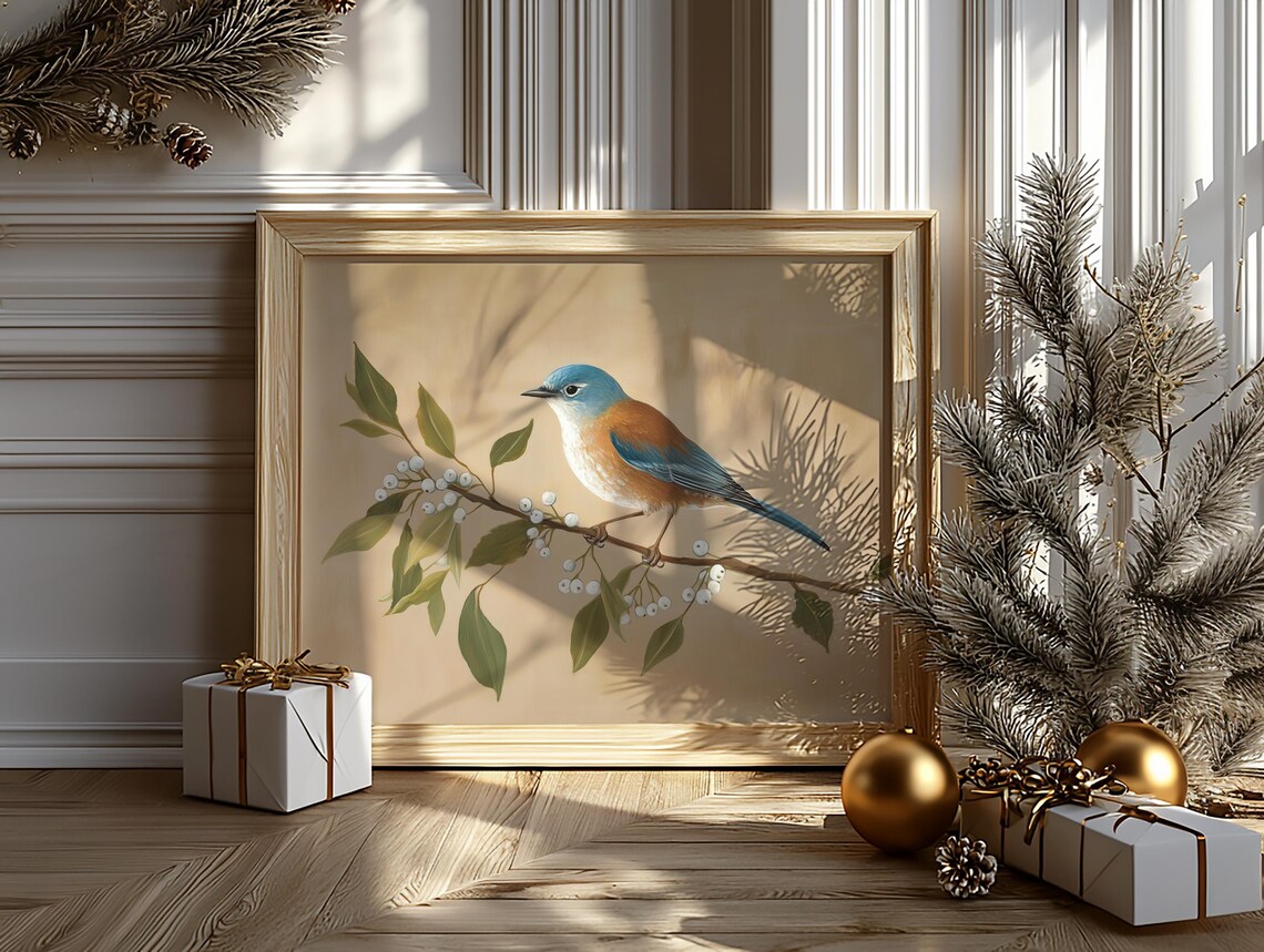 Eastern Bluebird on Berry Branch Warm Beige Vintage Bird Poster - Image 6