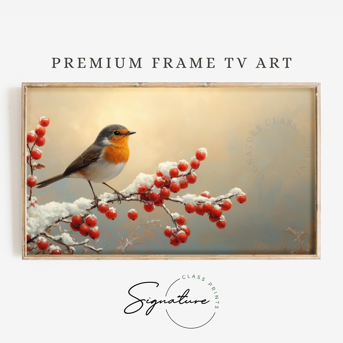 Robin on Snowy Red Berry Branch Close Up Winter Holiday Bird Poster