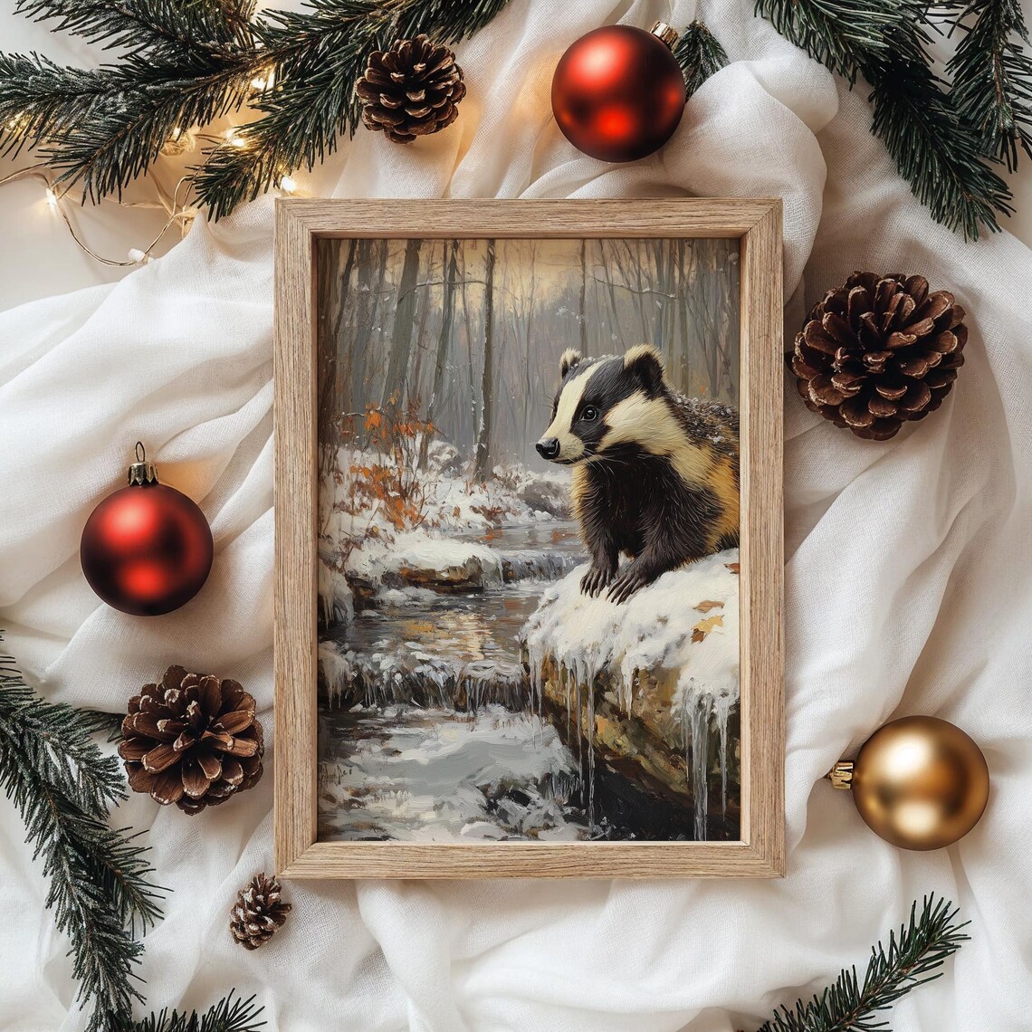 Badger Snowy Stream Winter Woodland Forest Wildlife Oil Painting Poster - Image 4
