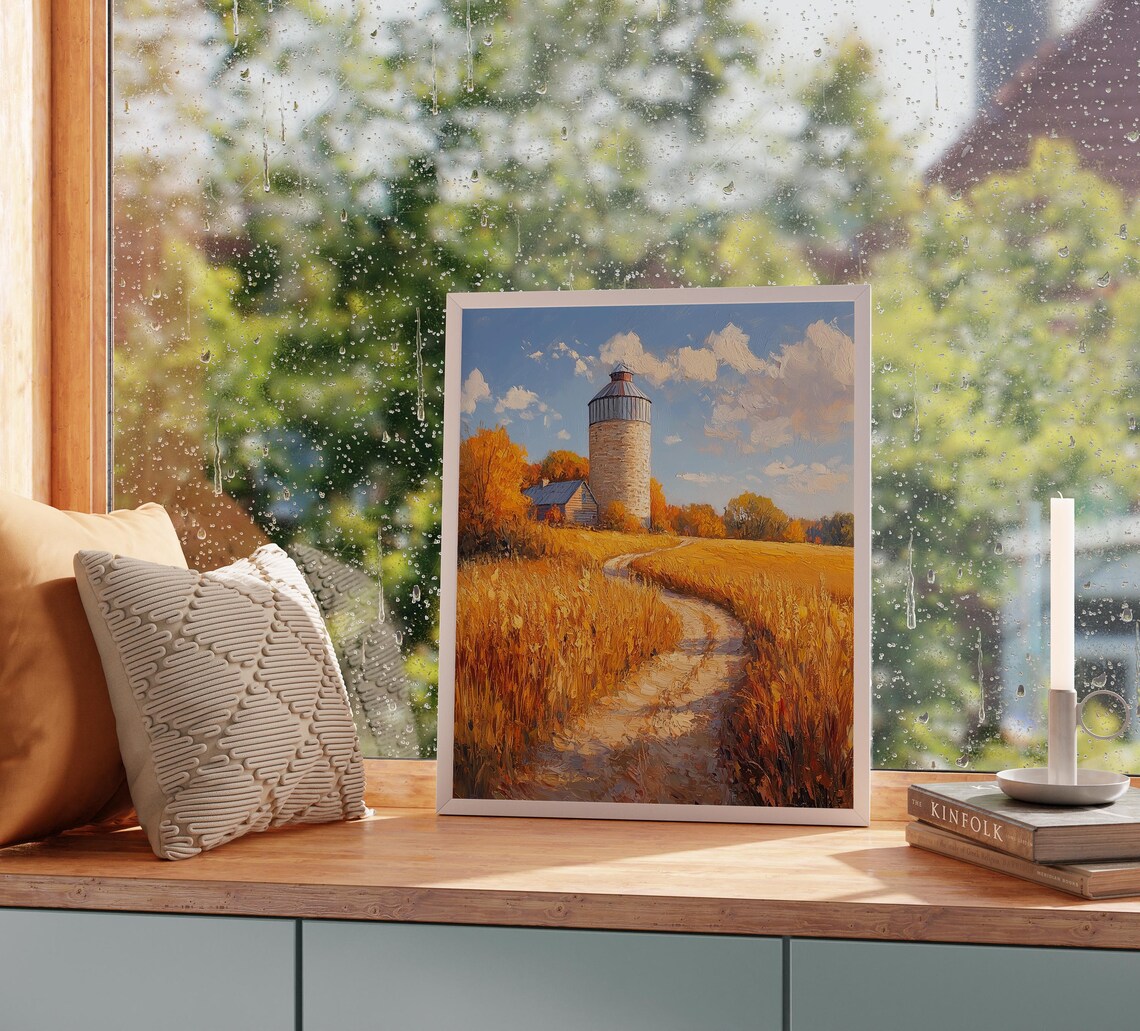 Stone Silo Farmhouse Golden Wheat Field Winding Dirt Road Poster - Image 2
