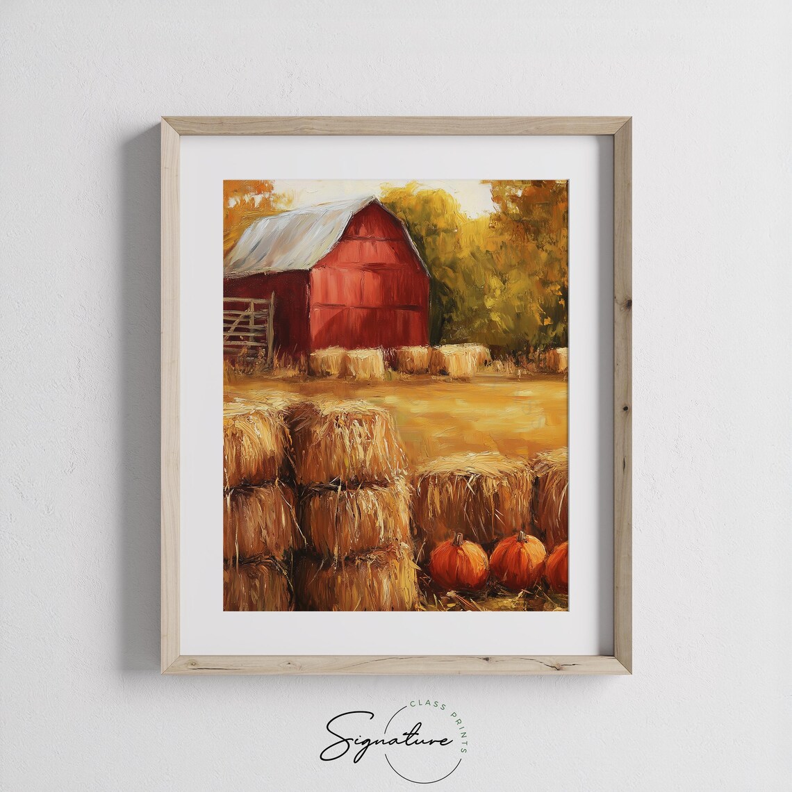 Red Barn Hay Bales Pumpkins Golden Autumn Field Farm Scene Poster - Image 3