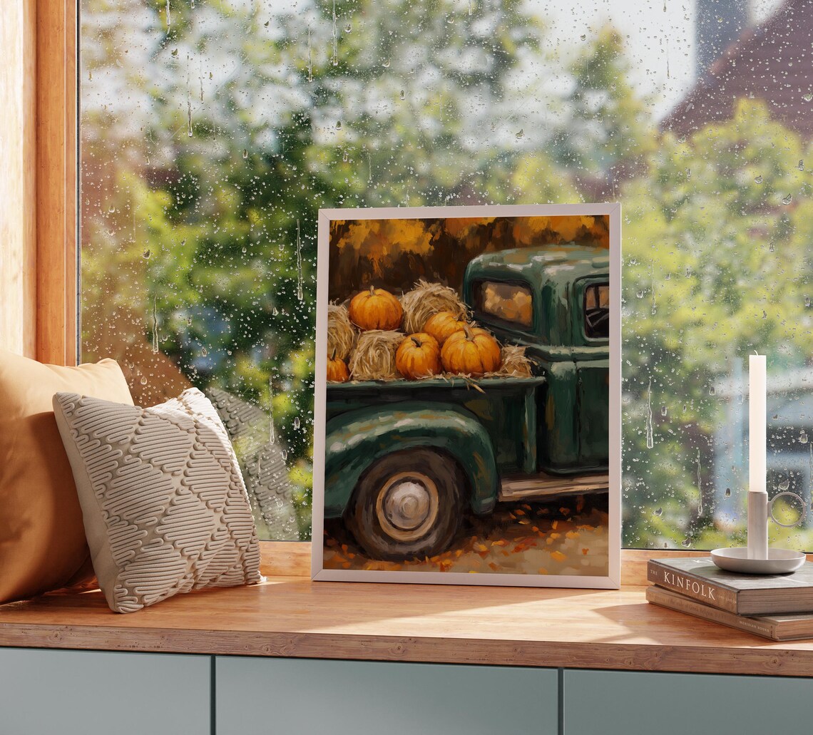 Vintage Green Pickup Truck Loaded With Pumpkins And Hay Poster - Image 2