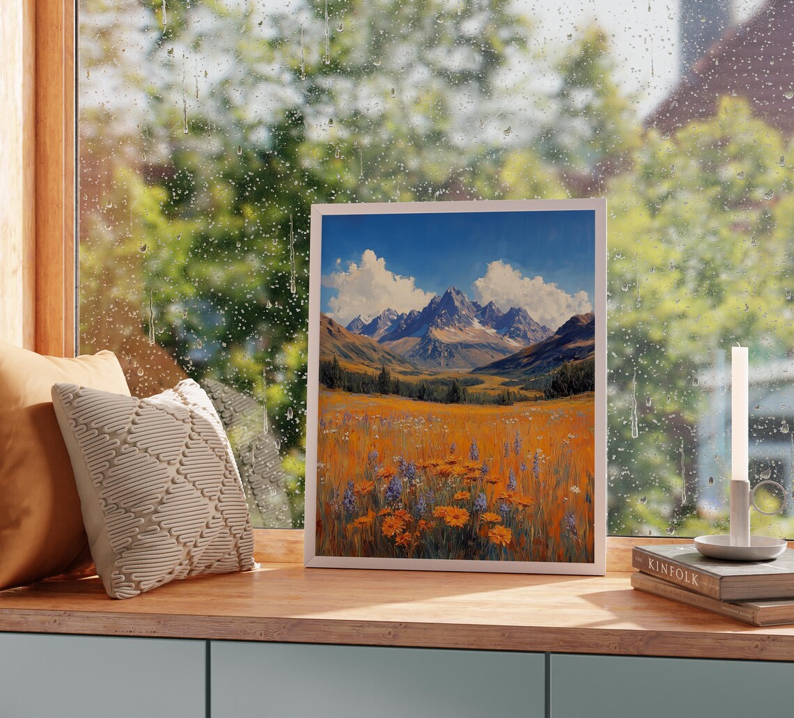 Alpine Wildflower Meadow Orange Blooms Snowy Peaks Blue Sky Poster - Image 2