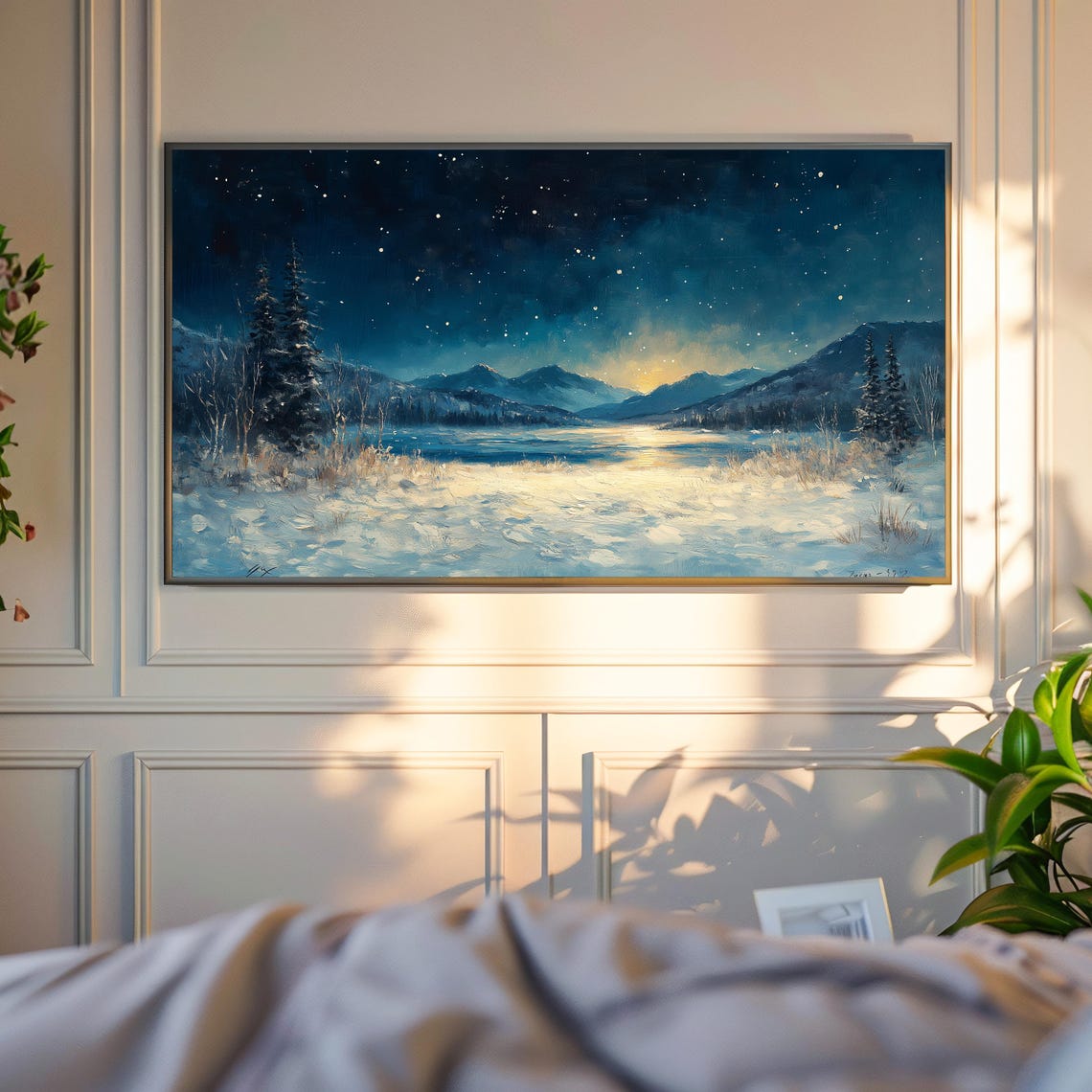 Snowy Winter Meadow Under Starry Night Sky Moody Landscape Poster - Image 4