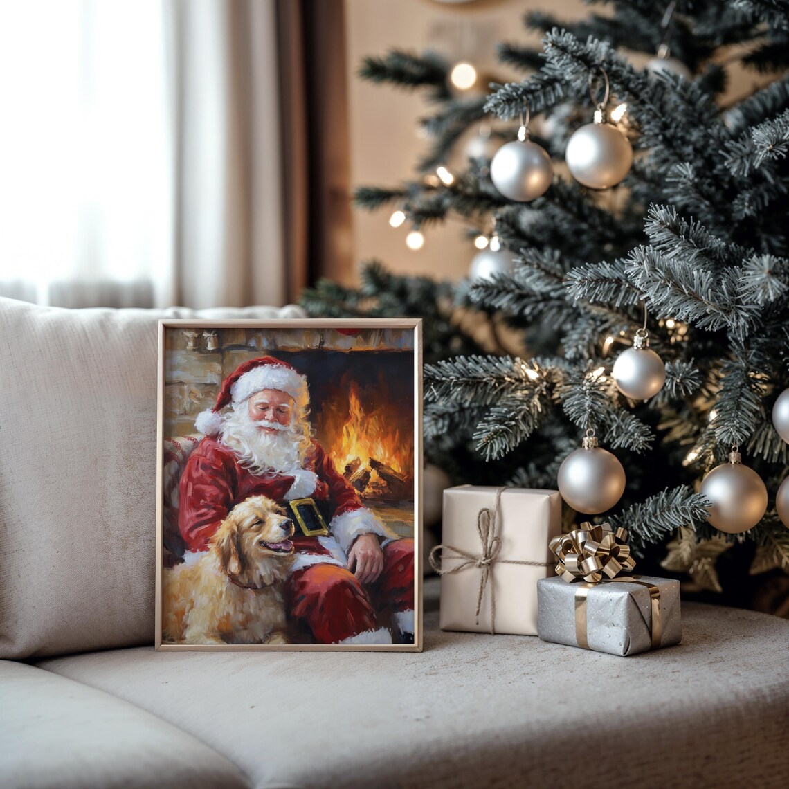 Santa Claus With Golden Retriever By Fireplace Holiday Art Poster - Image 6