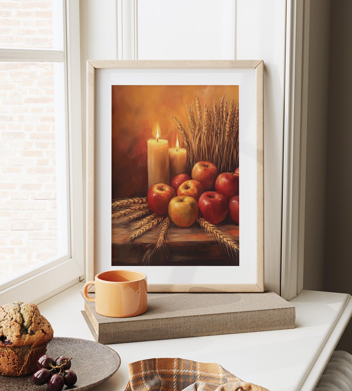 Harvest Still Life with Glossy Red Apples Wheat and Lit Candles Poster - Image 6