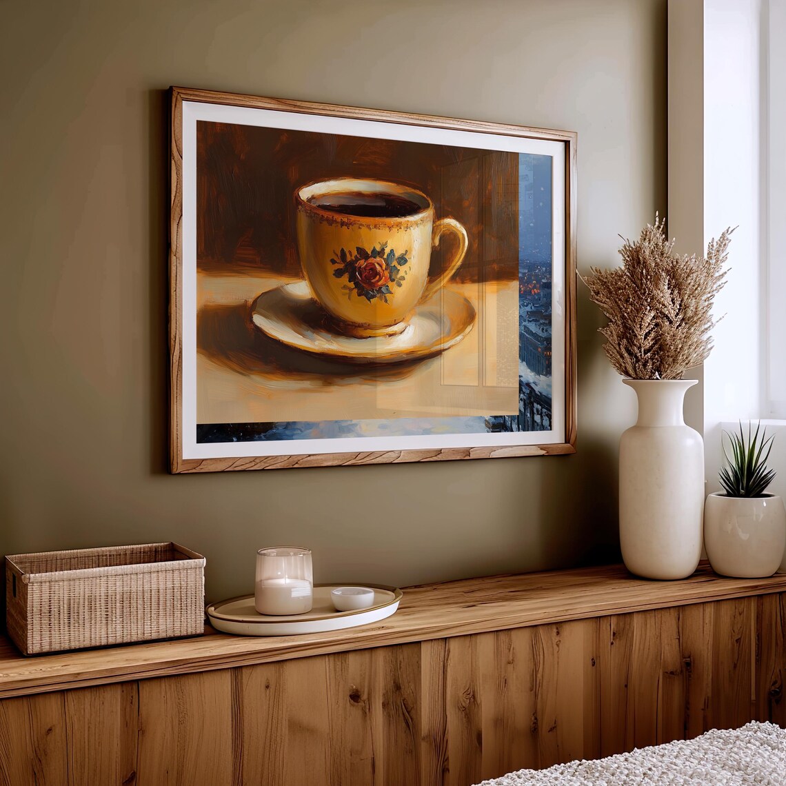 Vintage Floral Teacup Painting Cozy Golden Coffee Cup Rustic Wall Art - Image 4