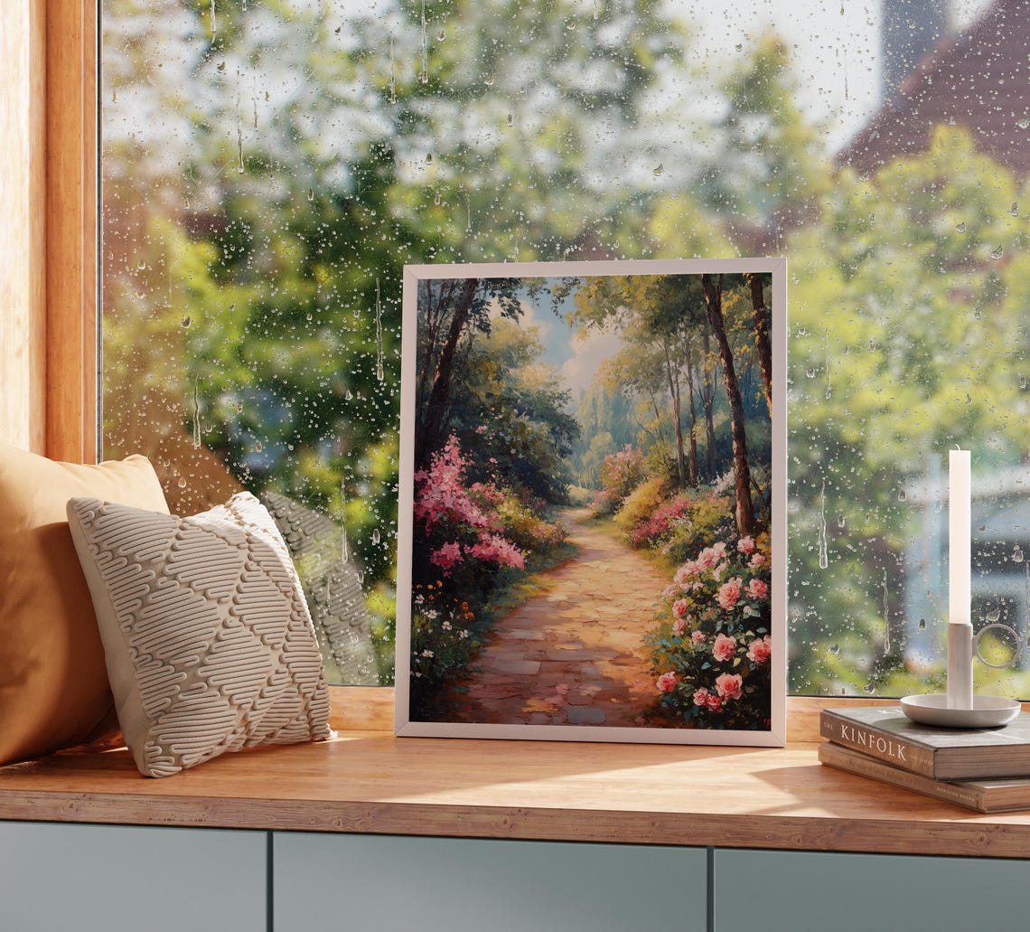 Sunlit Garden Path Through Pink Roses Blooming Summer Poster - Image 2