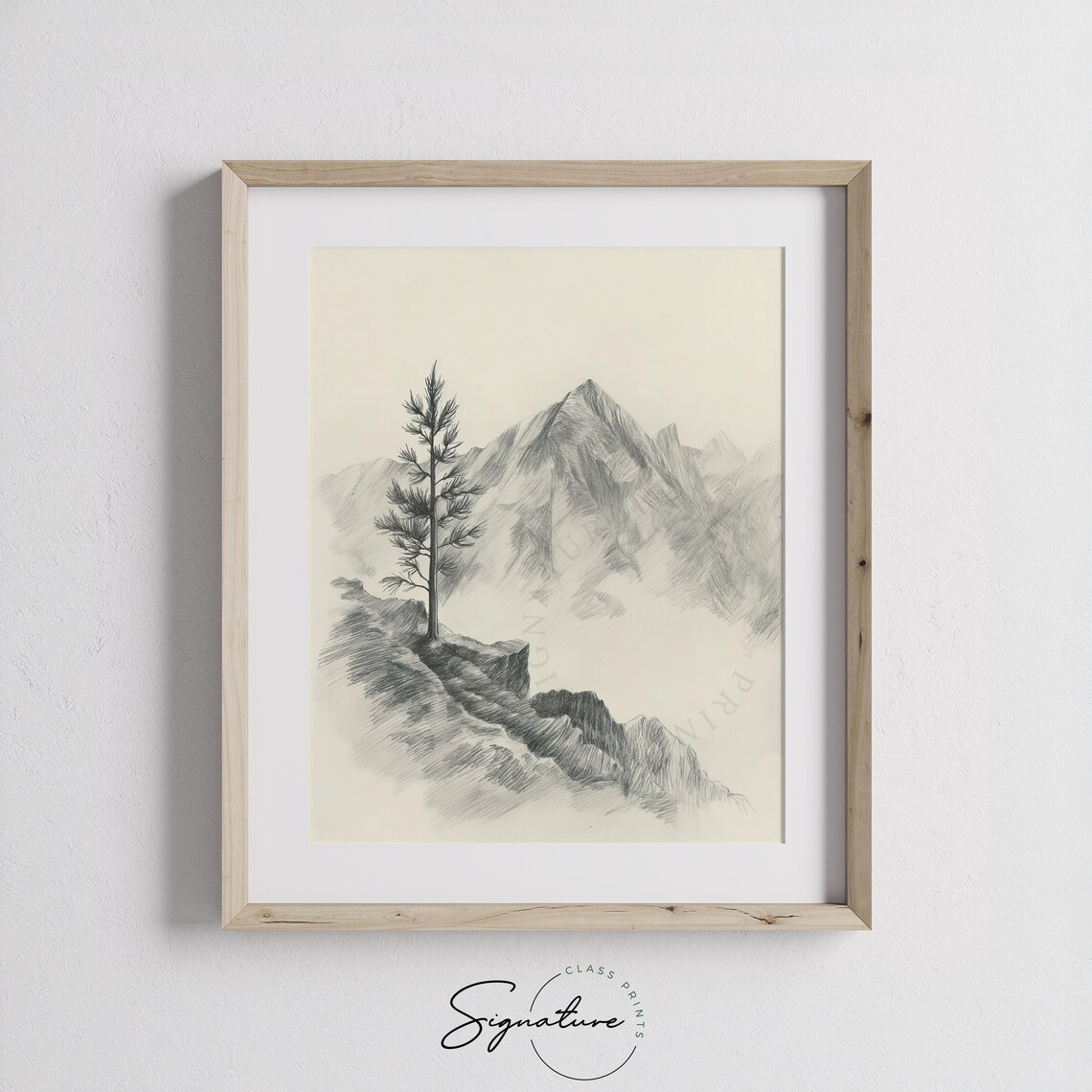 Lone Pine Tree On Rocky Mountain Vista Monochrome Pencil Poster - Image 3